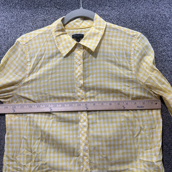 Talbots Button Up Top Women Medium Petite Yellow Gingam Cotton Long Sleeve - Picture 4 of 11